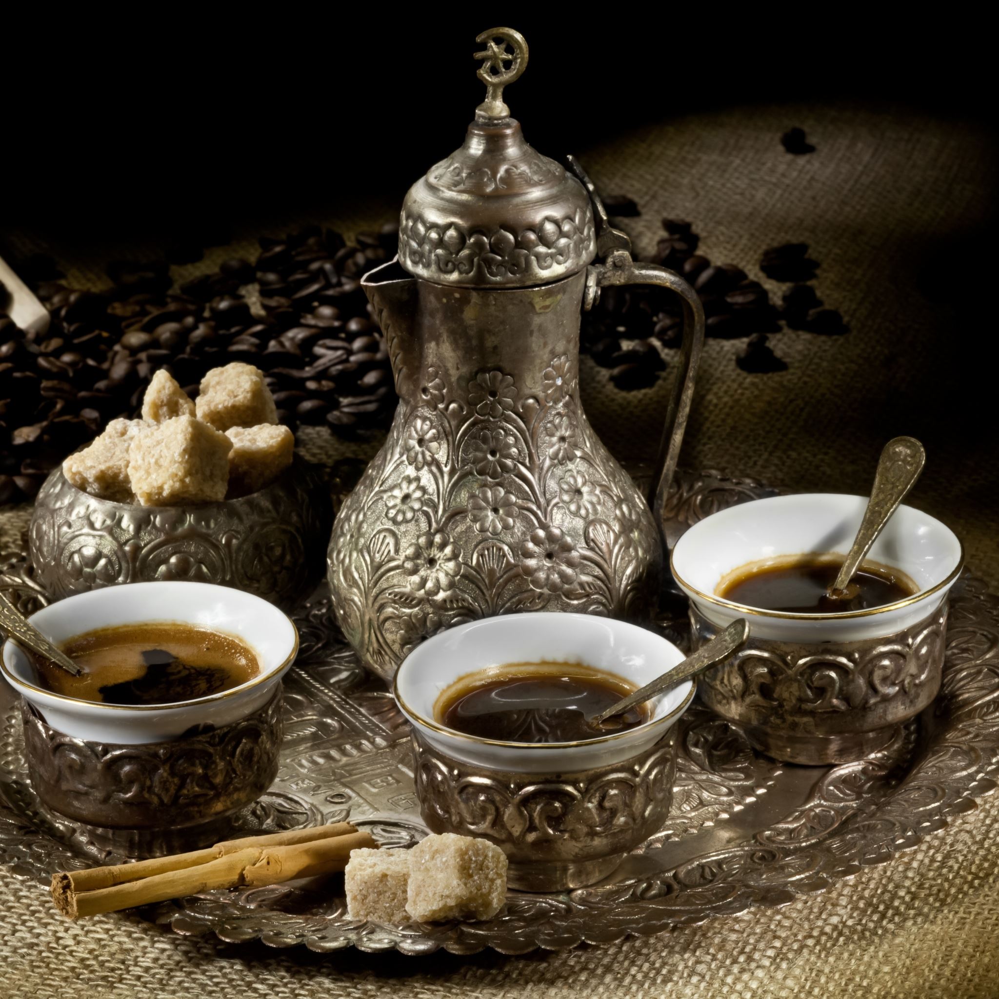 Coffee Tea Cups Grains Tray Cinnamon Spatula Sugar iPad Air wallpaper 