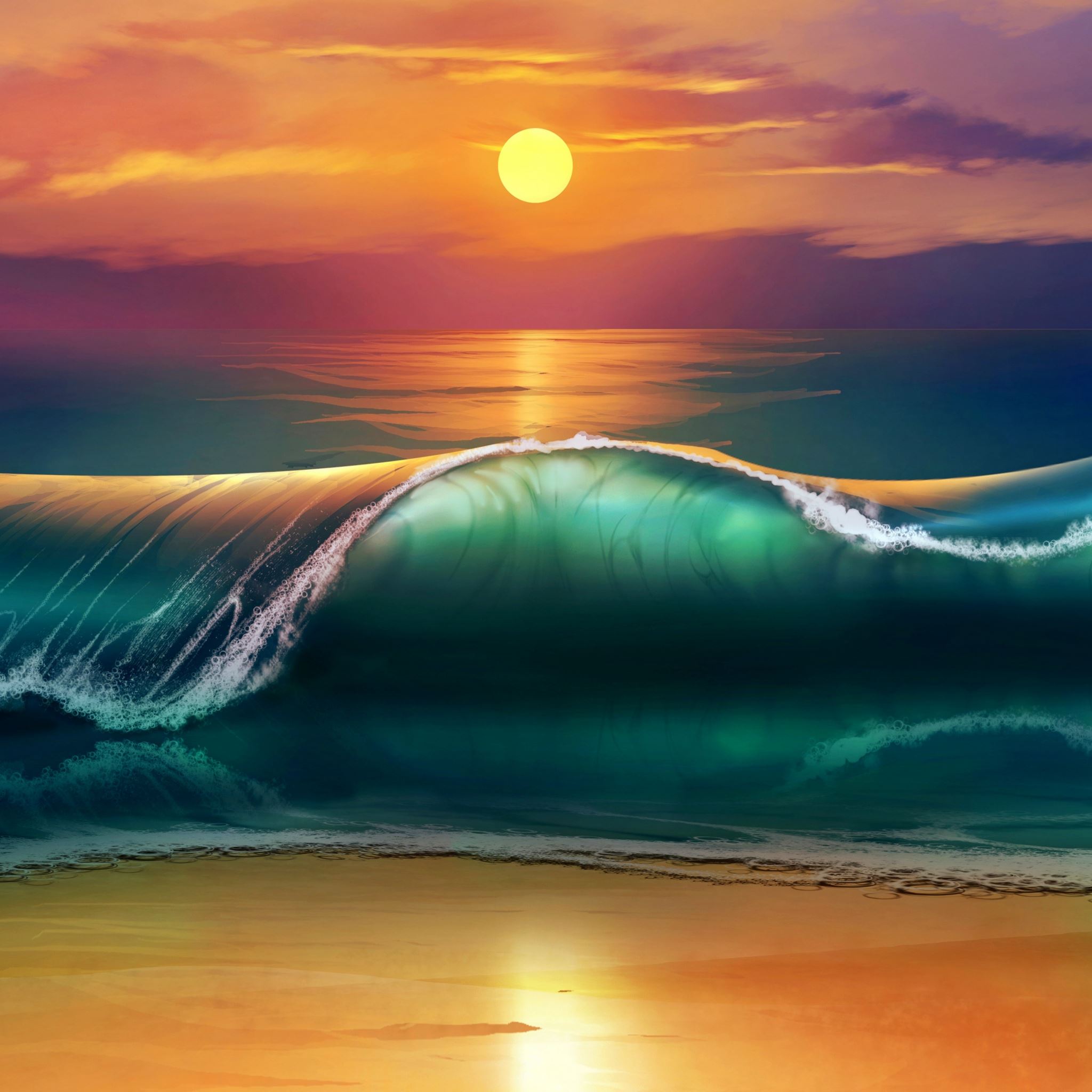 Art sunset beach sea waves iPad Air wallpaper 
