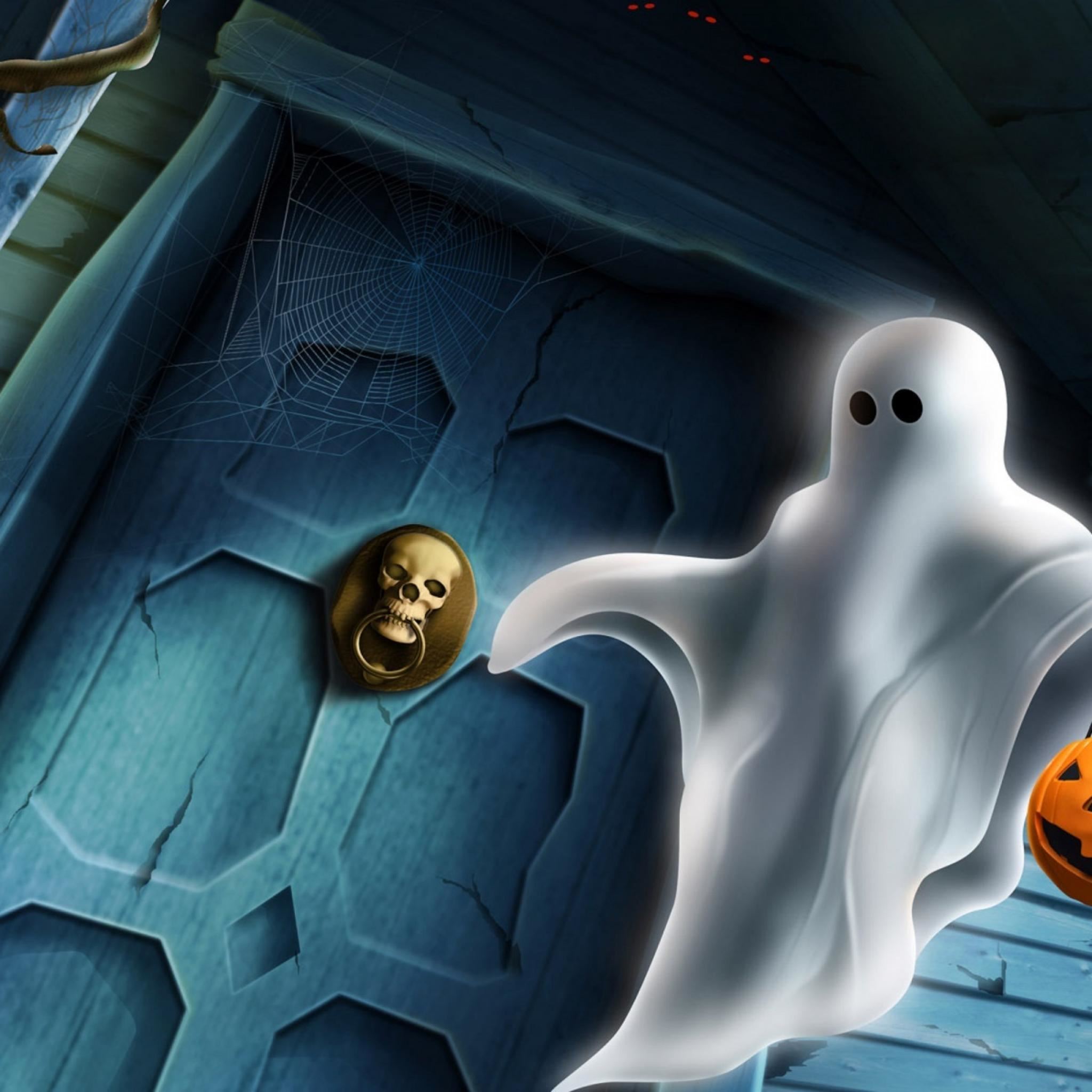 skull ghost twilight pumpkin door house halloween holidays iPad Air wallpaper 