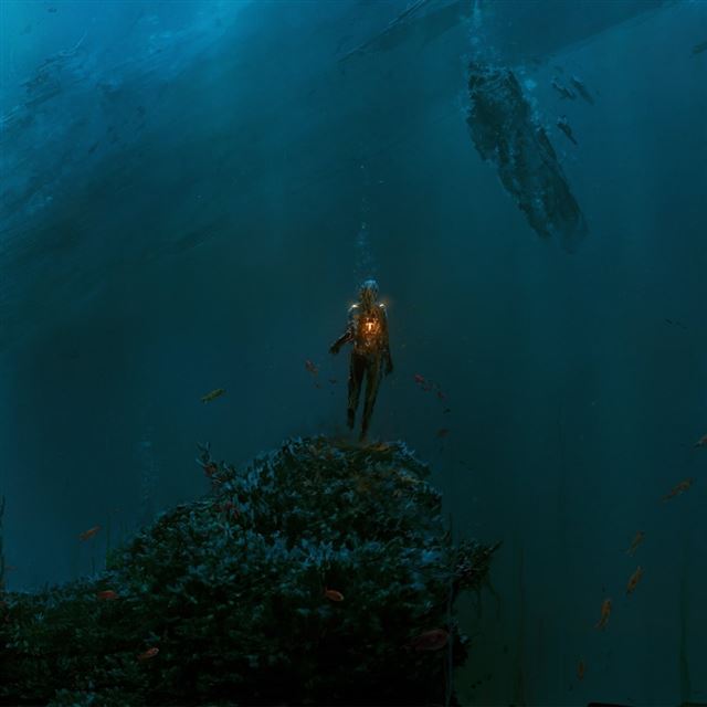 Dark Underwater Man Fish iPad wallpaper 