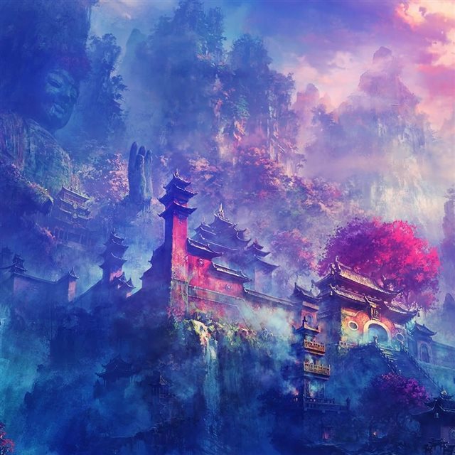 Asian Village In The Mountains Fantasy iPad wallpaper 
