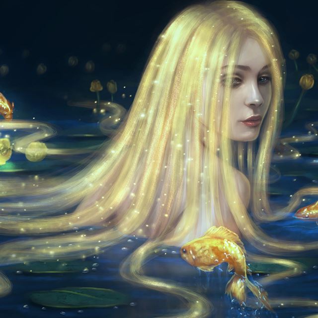 Mermaid In Golden Long Hair Artwork iPad wallpaper 
