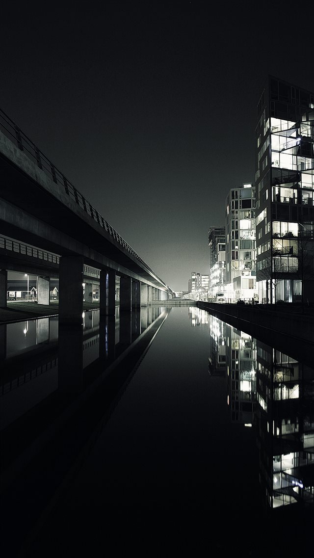 Dark City View Beside Lake Landscape iPhone 8 wallpaper 