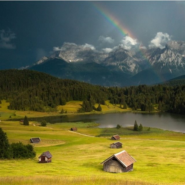 Rainbow Over Forest Mountains Landscape iPad wallpaper 