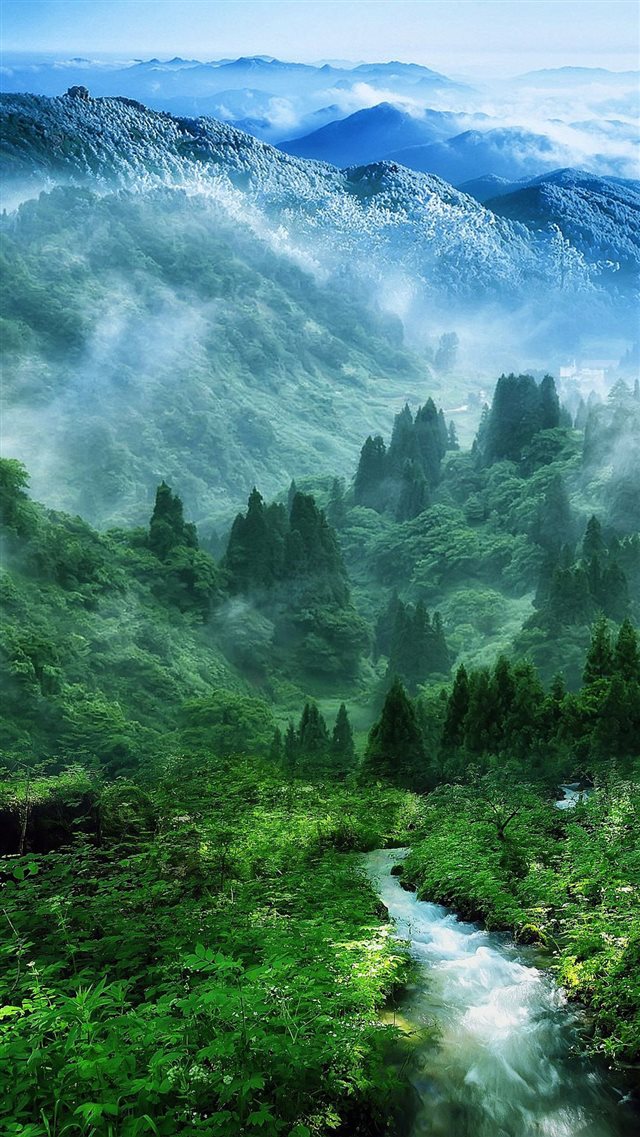 Nature Mist Mountain Wood Forest River Landscape iPhone 8 wallpaper 