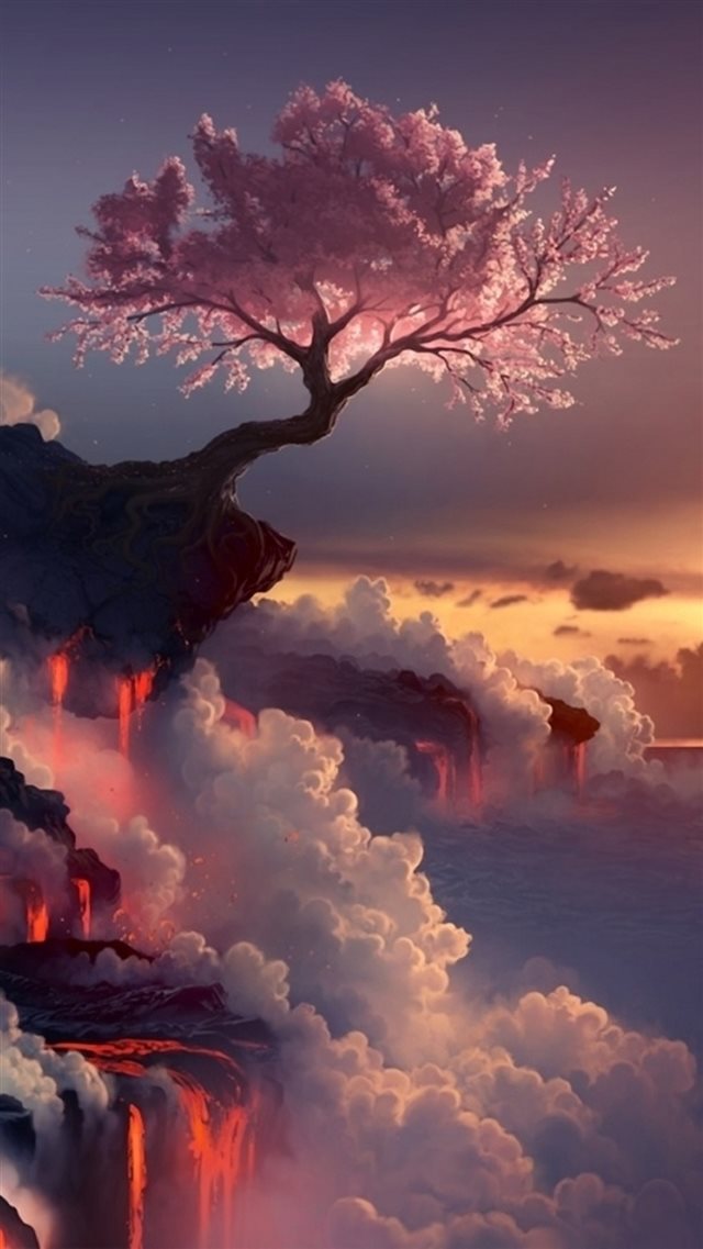 Fantasy Pink Cherry Blossoms Cloudy Mountain Top Skyscape Paint Art iPhone 8 wallpaper 