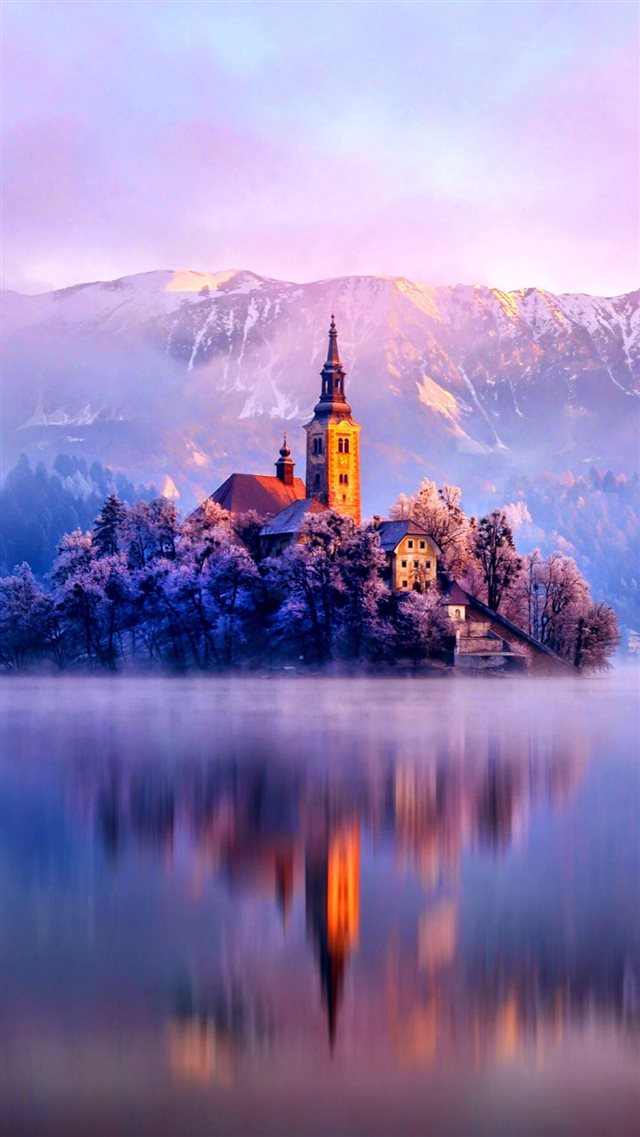 Lake Monastery Fortress Winter iPhone 8 wallpaper 
