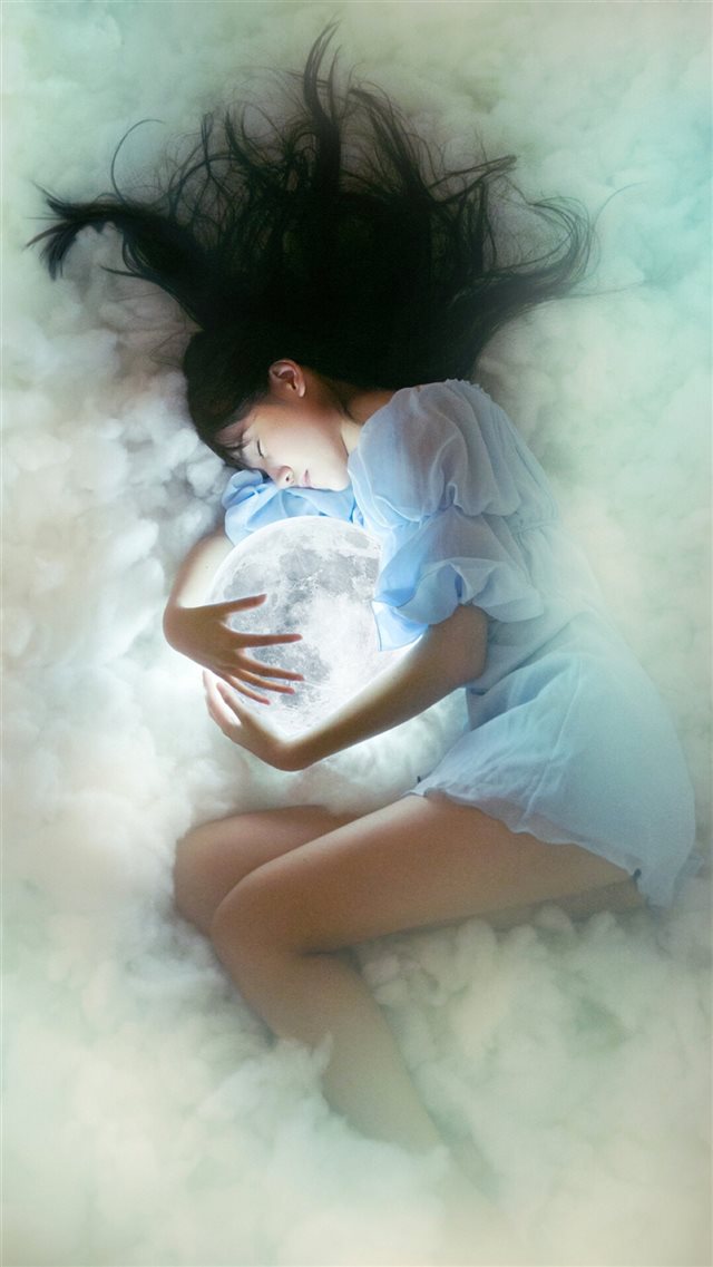 Dreamy Hug Shiny Moon Sleepy Girl iPhone 8 wallpaper 
