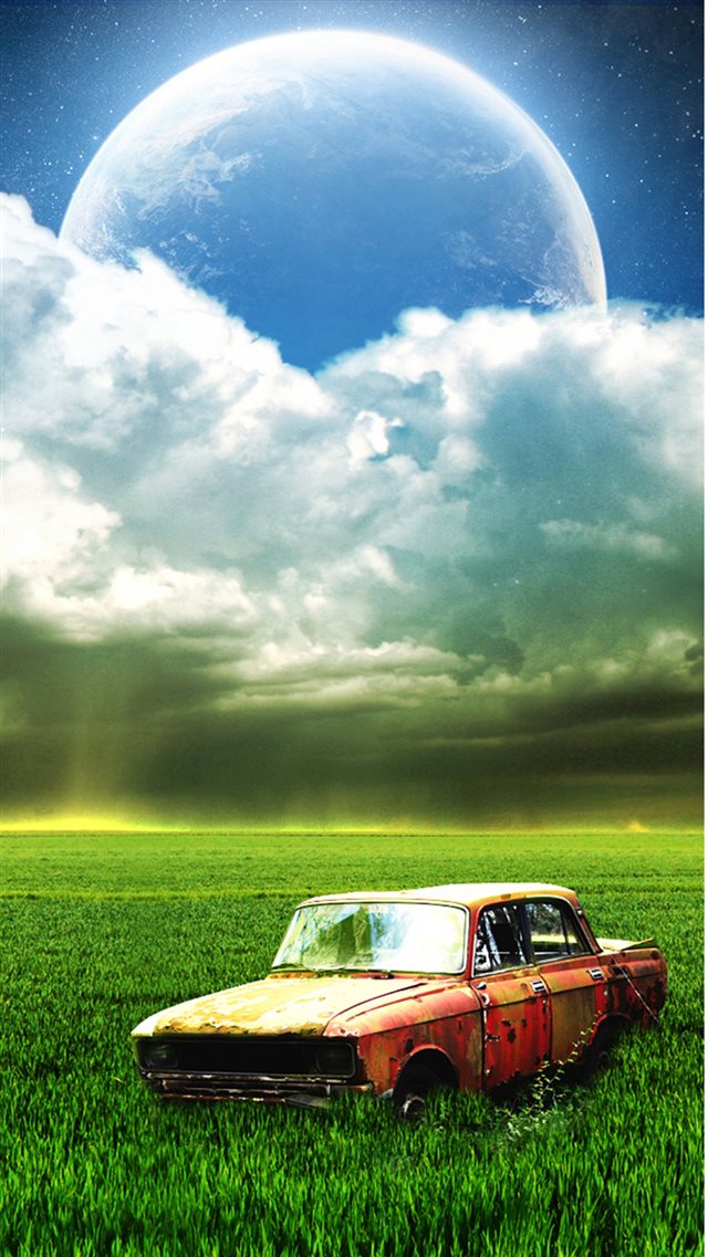 Vintage Old Car Grassland Outer Space Cloudy Shiny Planet iPhone 8 wallpaper 
