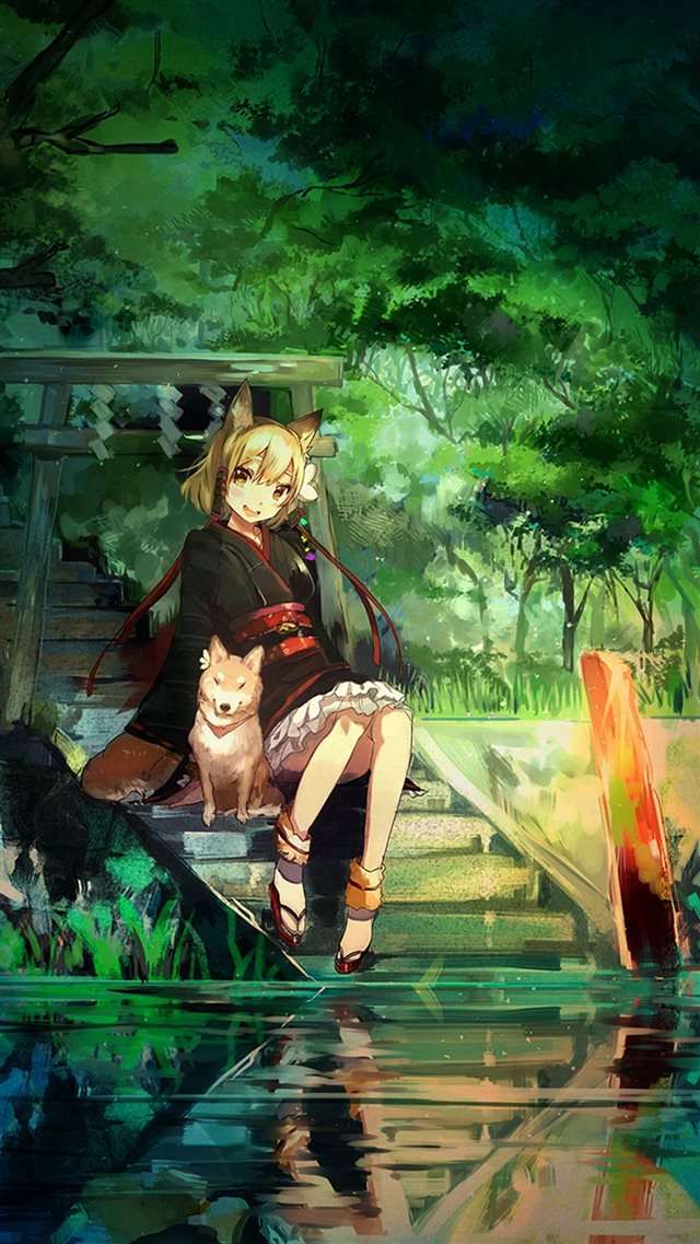 Girl And Dog Green Nature Anime Art Illust iPhone 8 wallpaper 