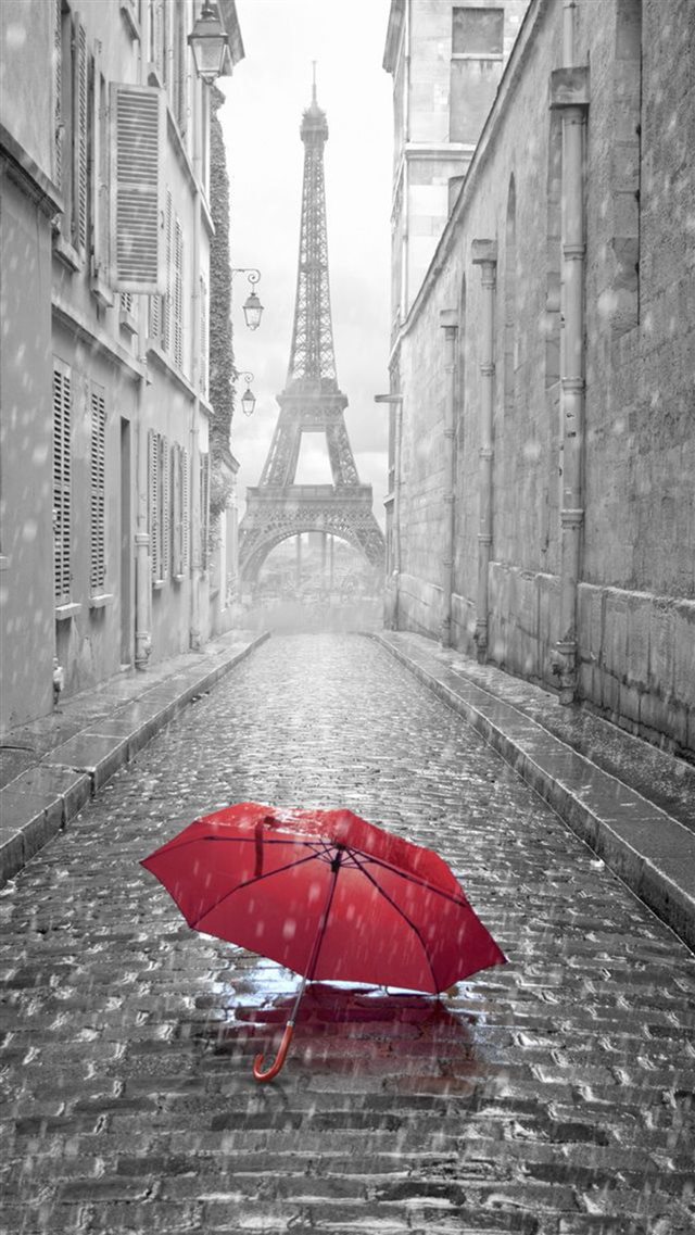 Red Umbrella Paris Street Rainy Day Eiffel Tower iPhone 8 wallpaper 