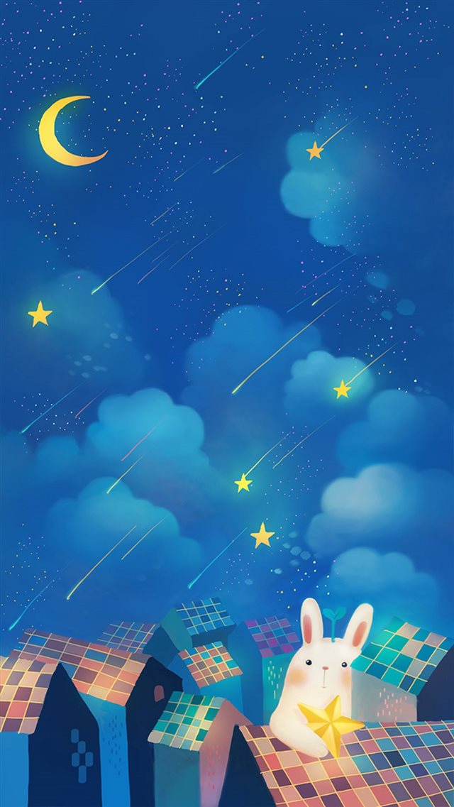 Romantic Night Moon Star Clouds Sky Rabbit House Top iPhone 8 wallpaper 