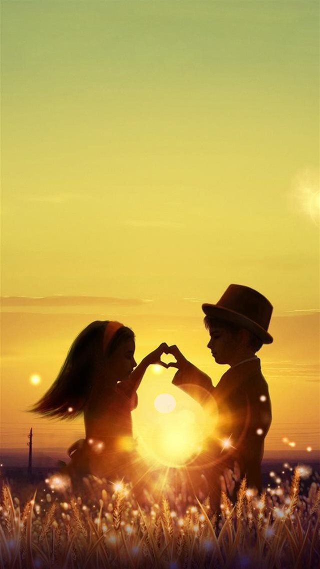 Sunset Love Cute Kids Couple Sunlight Flowers Field iPhone 8 wallpaper 