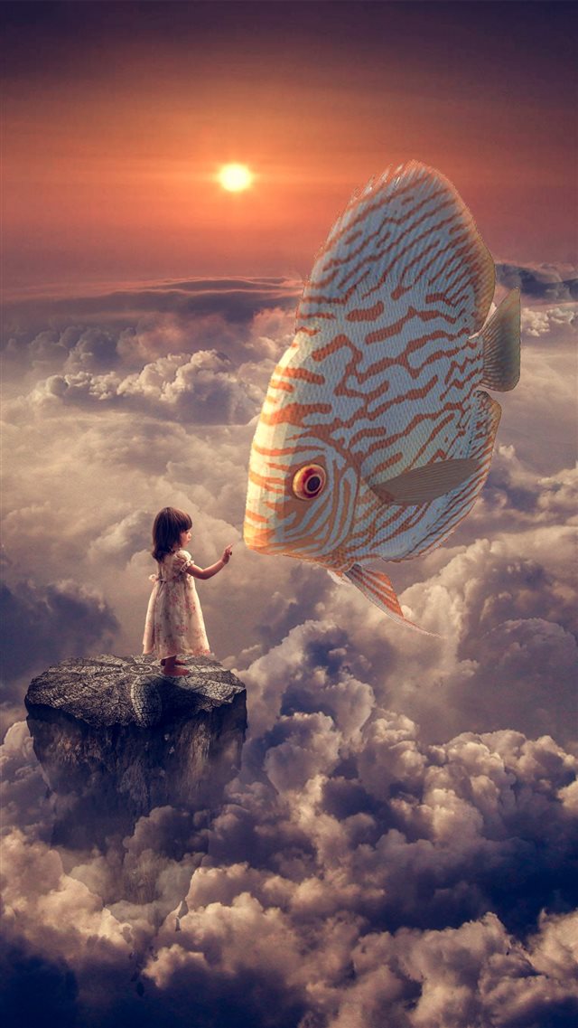 Fantasy Girl Fish Clouds Sky iPhone 8 wallpaper 