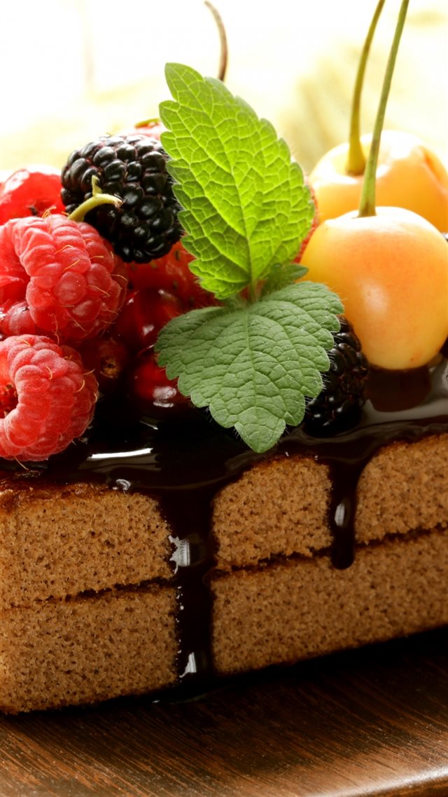 Cake Chocolate Frosting Berries Cherries Raspberries Currants Blackberries Mint Sweet Dessert iPhone 8 wallpaper 