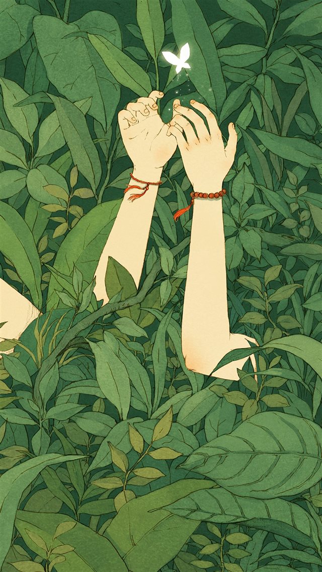 Green Wood Forest Love Butterfly Illustration Art iPhone 8 wallpaper 