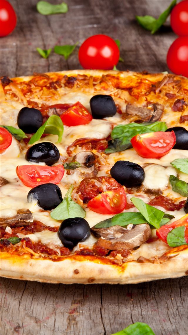 Pizza Tomatoes Olives Mushrooms Cheese Dish Leaves Food iPhone 8 wallpaper 