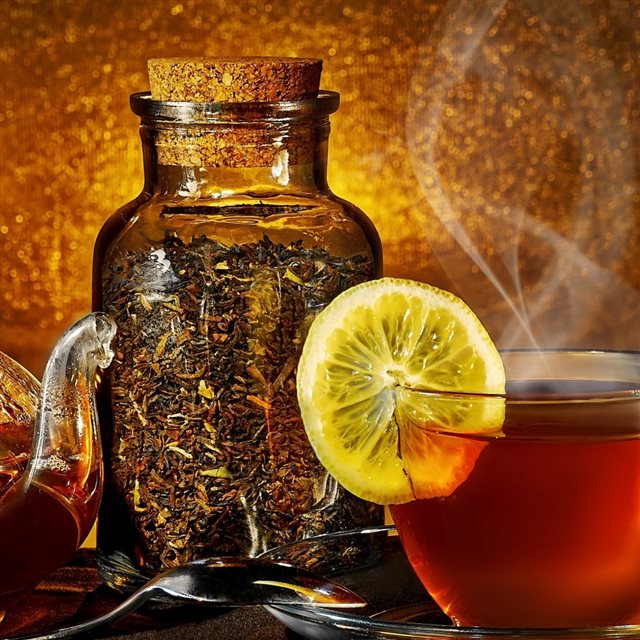 Tea Kettle Steam Cup Lemon Tea Leaves Jar Spoon iPad wallpaper 