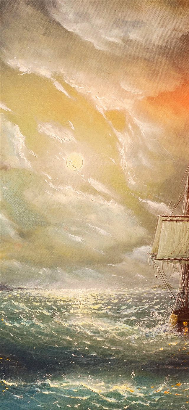 Painting Sea Wave Red Sun Boat Illust Art iPhone X wallpaper 