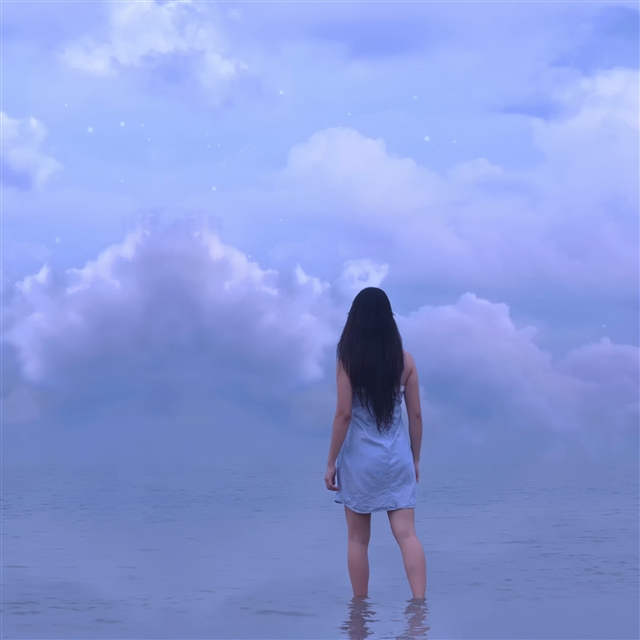 Girl sea horizon sky clouds iPad Pro wallpaper 