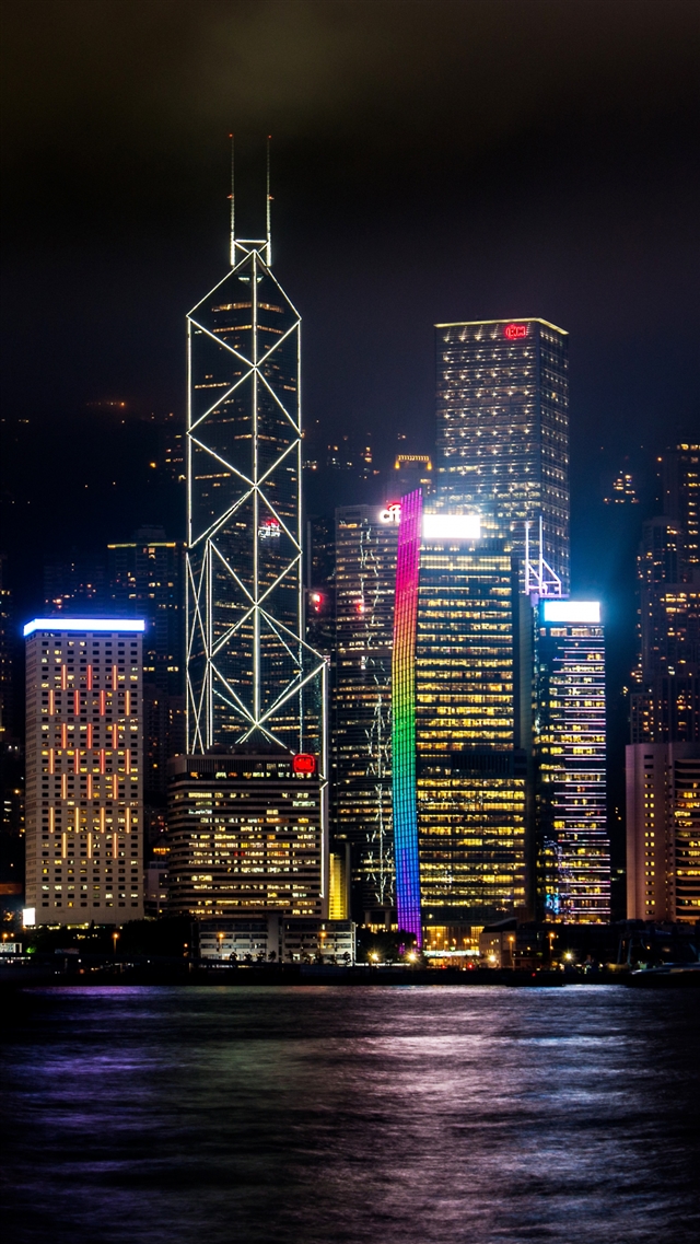 Hong Kong skyscrapers night shore iPhone 8 wallpaper 