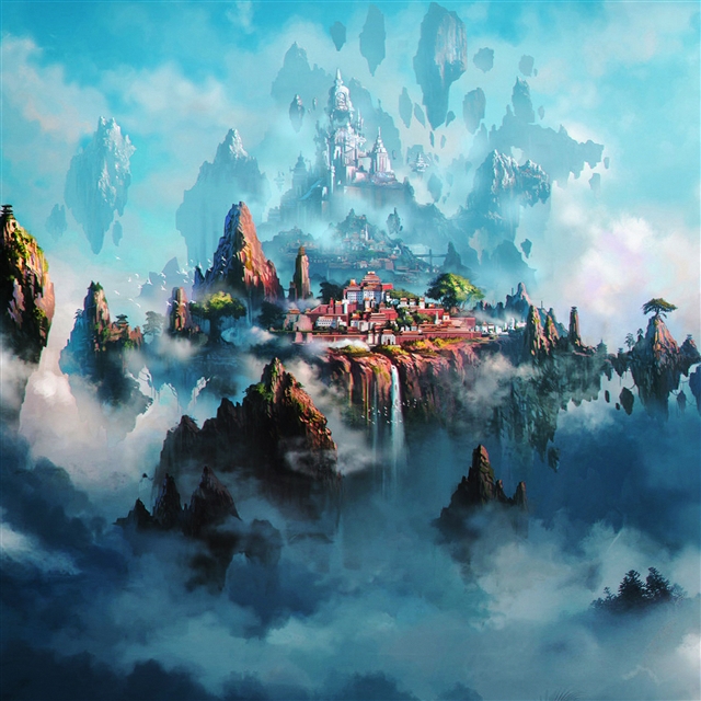 Cloud town fantasy anime iPad Pro wallpaper 