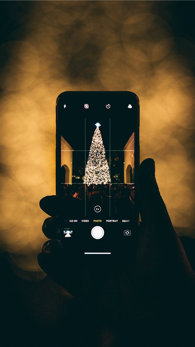 person taking photo of Christmas tree iPhone 8 wallpaper 