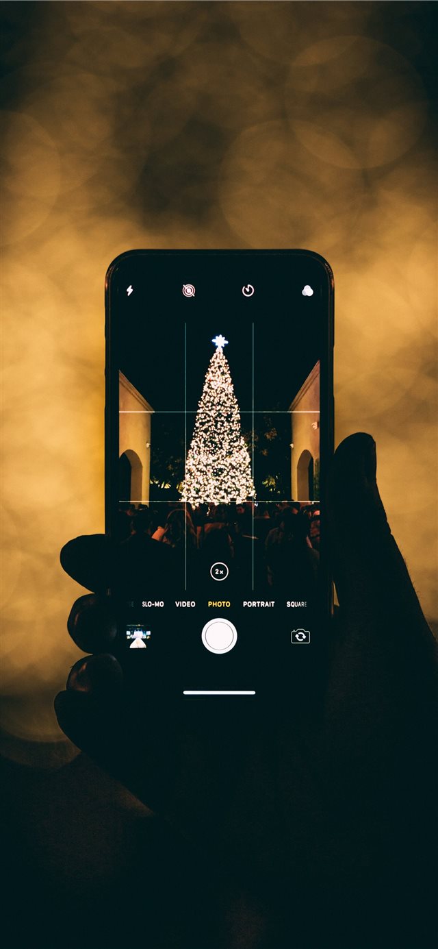 person taking photo of Christmas tree iPhone X wallpaper 
