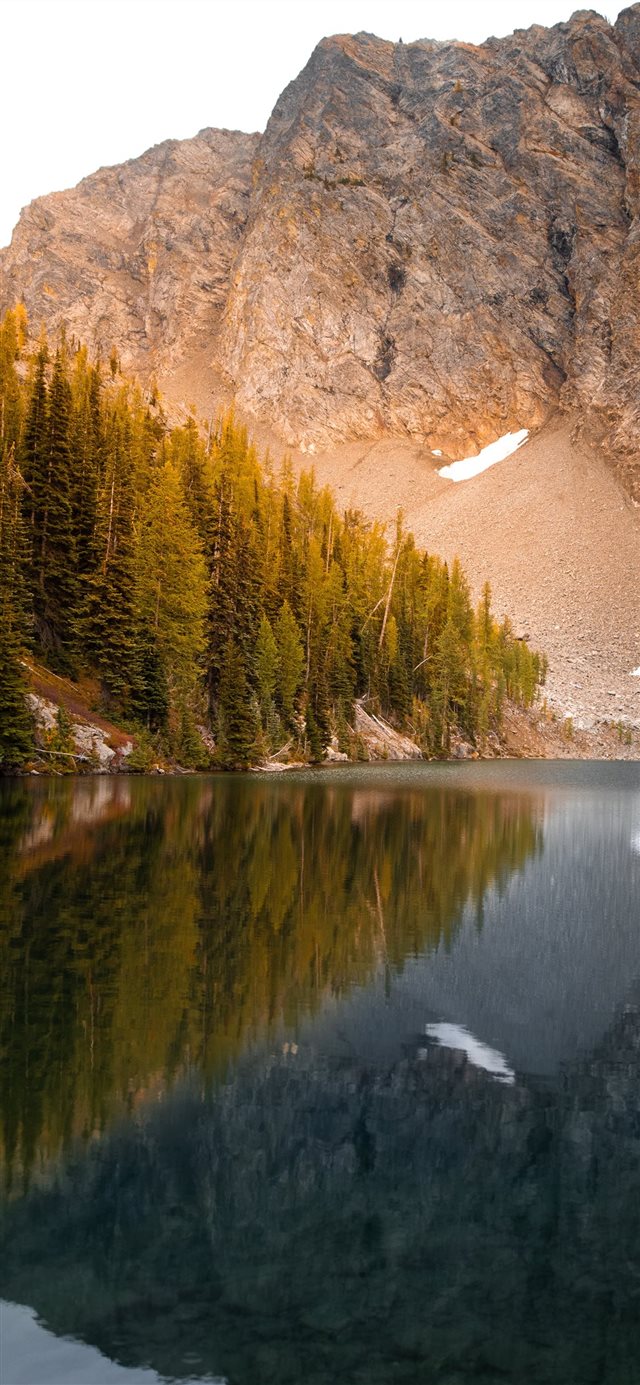 lake beside trees and mountain iPhone X wallpaper 