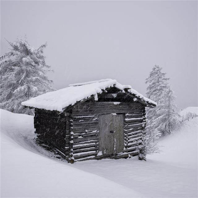 mountain hut snow 5k iPad wallpaper 