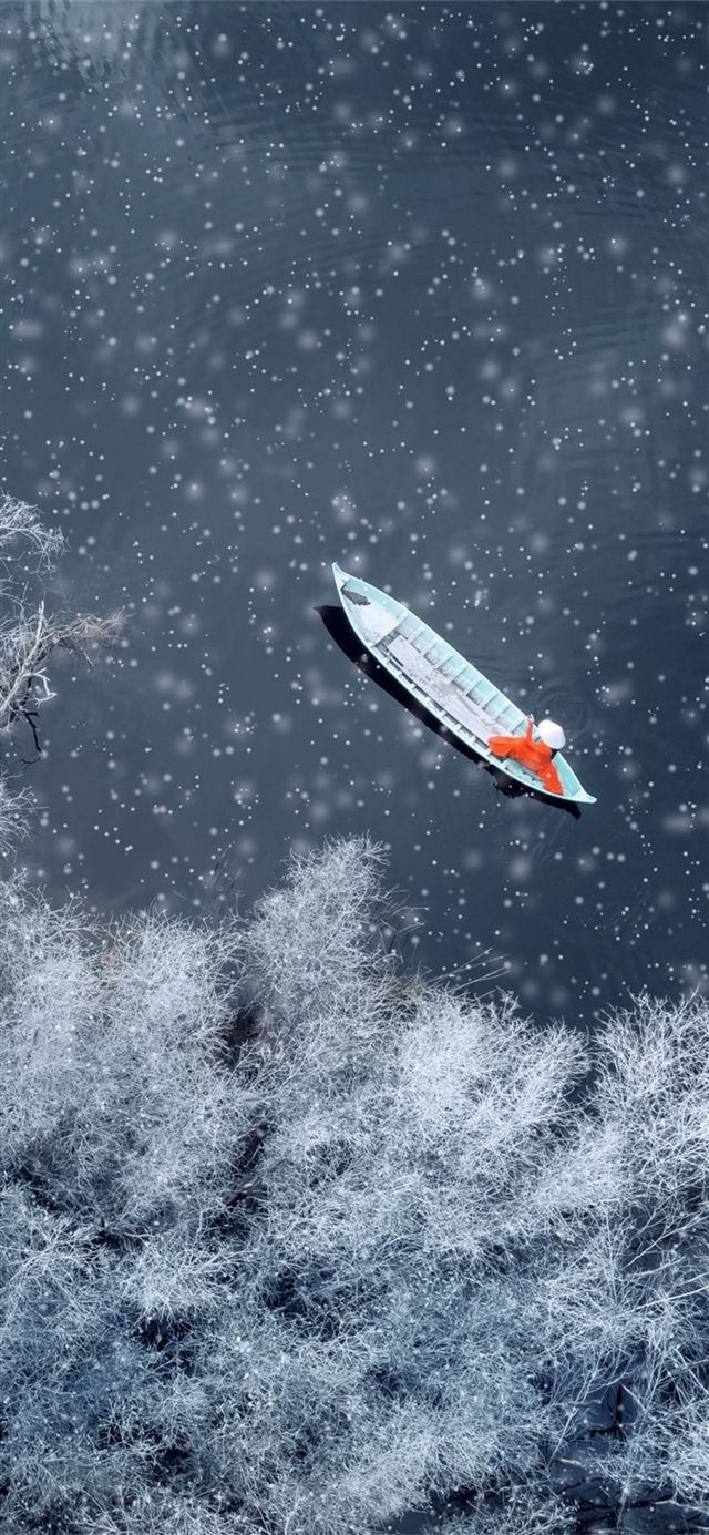 boat snow winter aerial view iPhone X wallpaper 