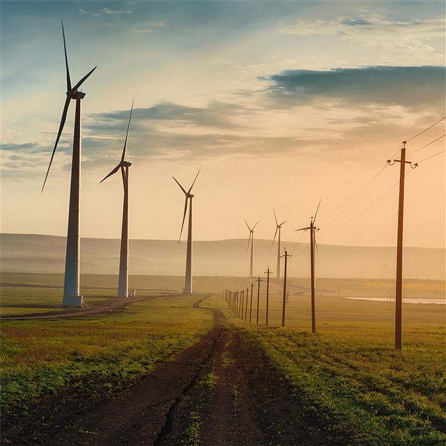 dawn over wind farm 5k iPad wallpaper 