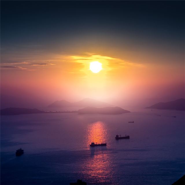2048x2048 landscape sunrise boat mist mountain horizon - boat iPad Air Wallpaper