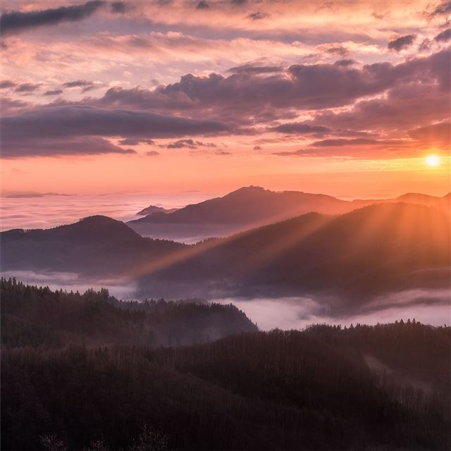 2048x2048 mountains fog sunbeams clouds 5k - clouds iPad Air Wallpaper