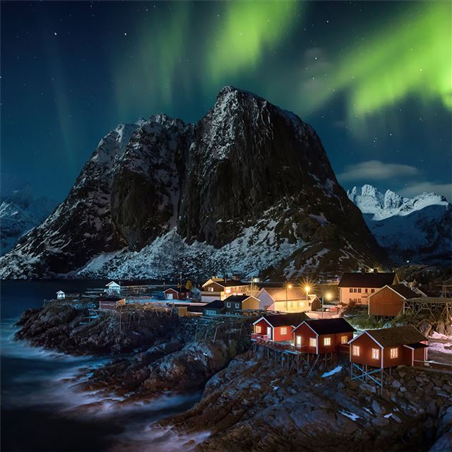 2048x2048 lofoten norway village aurora northern lights 4k - northern lights iPad Air Wallpaper