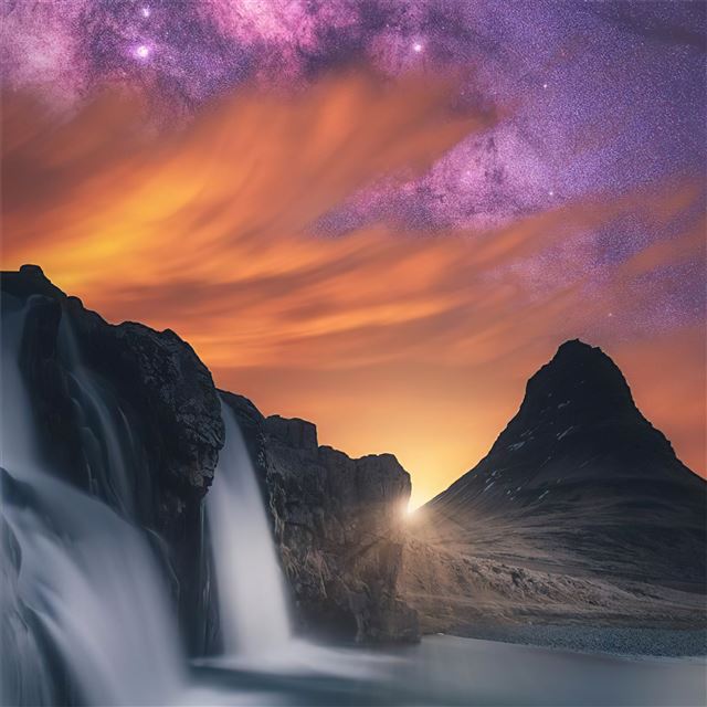 2732x2732 waterfall glowing sky stars mountains 5k - nature iPad Air Wallpaper