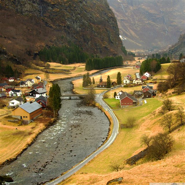 2048x2048 Mountain village - river iPad Air Wallpaper