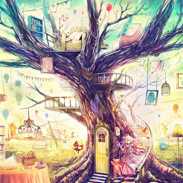 2048x2048 Painting Girl Animal Tree - animal iPad Air Wallpaper