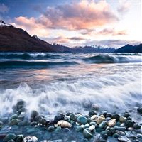 Stones Beach Wave Mountains Clouds wallpaper