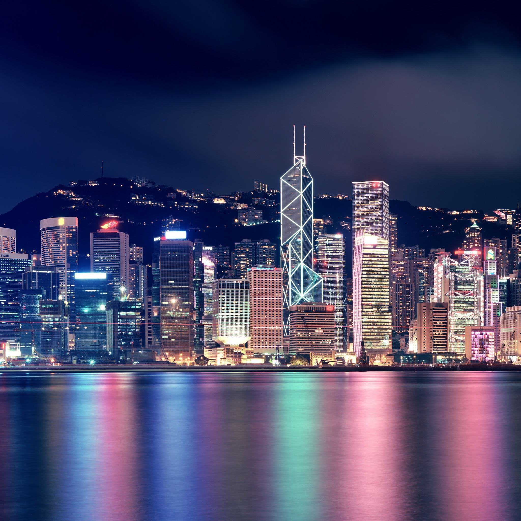 Hong Kong Night Skyscrapers Reflections iPad Air wallpaper 
