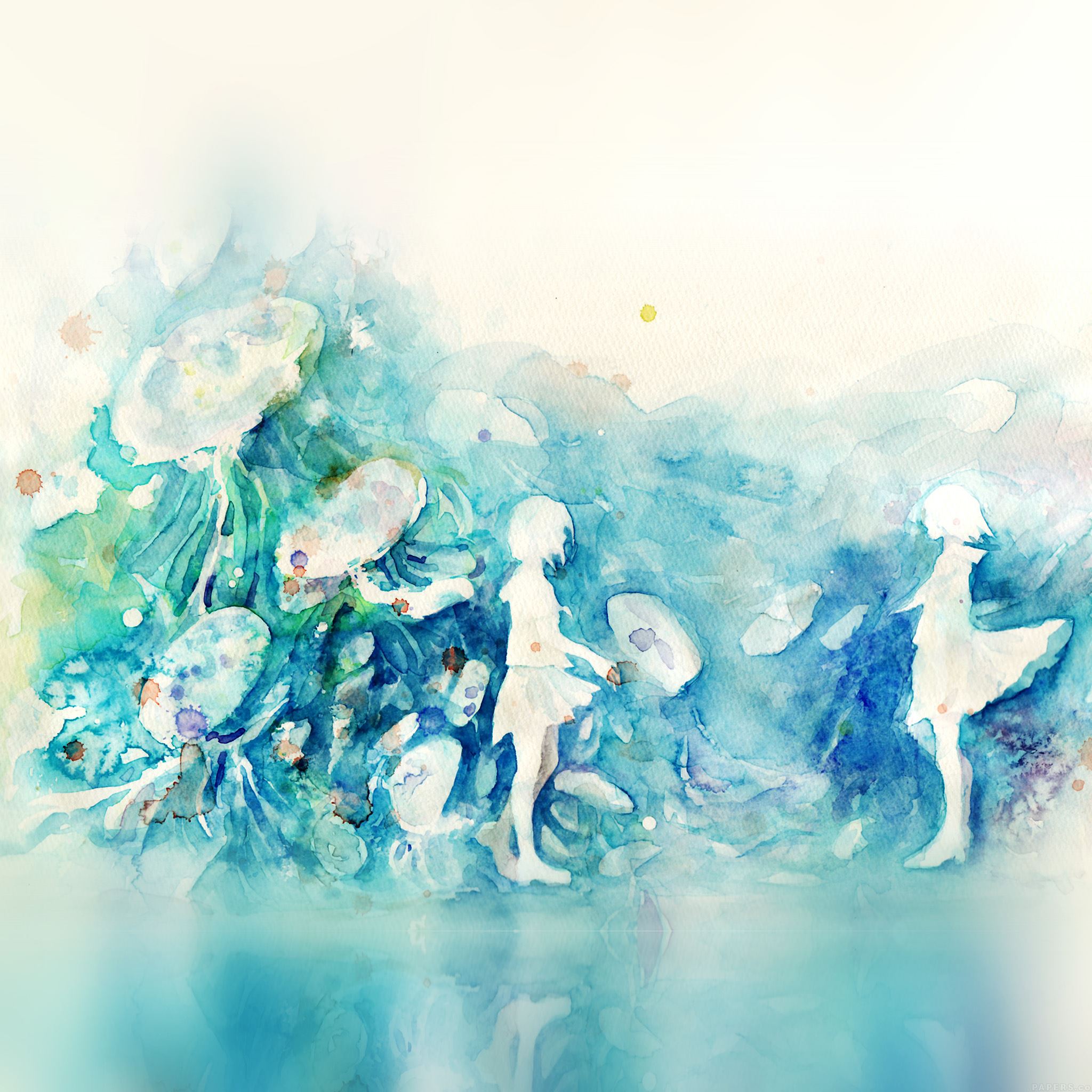 Watercolor Blue Girl Nature Art Illust iPad Air wallpaper 