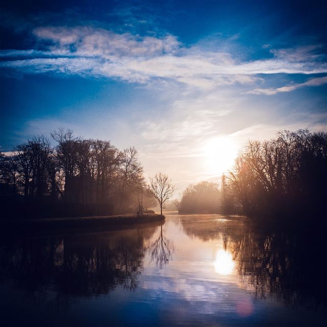 2048x2048 Lake Calm Tree Mountain Sunny Day Nature - reflection iPad Air Wallpaper