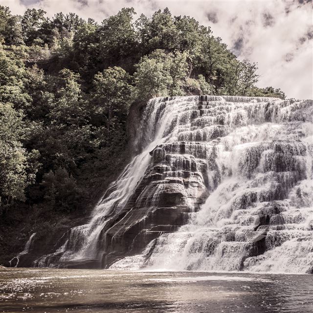 2048x2048 Mountain Rock Waterfall Landscape - trees iPad Air Wallpaper