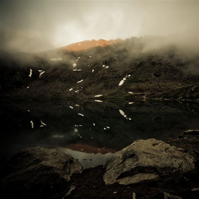 2048x2048 Dark Gloomy Foggy Lake Rock Landscape - landscape iPad Air Wallpaper