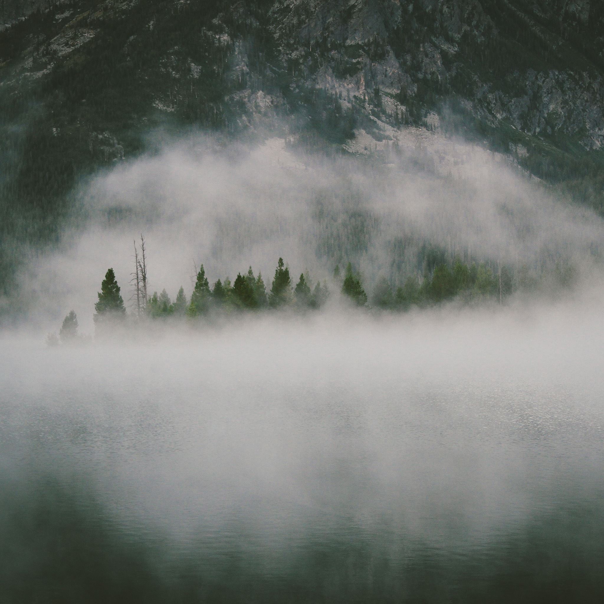 Nature Dark Foggy Lake Mountains Landscape iPad Air wallpaper 