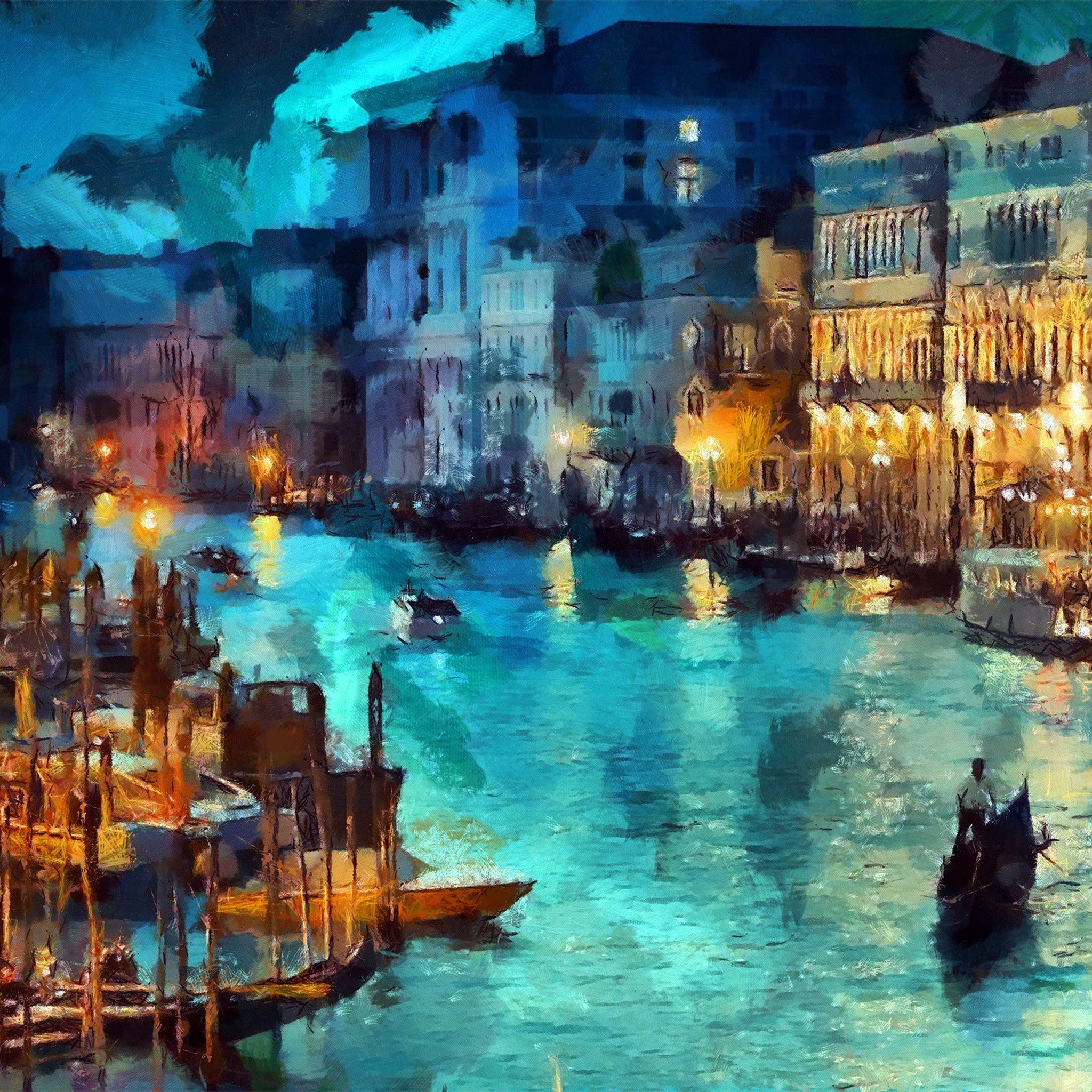 Art Classic Painting Water Lake Night Blue iPad Air wallpaper 