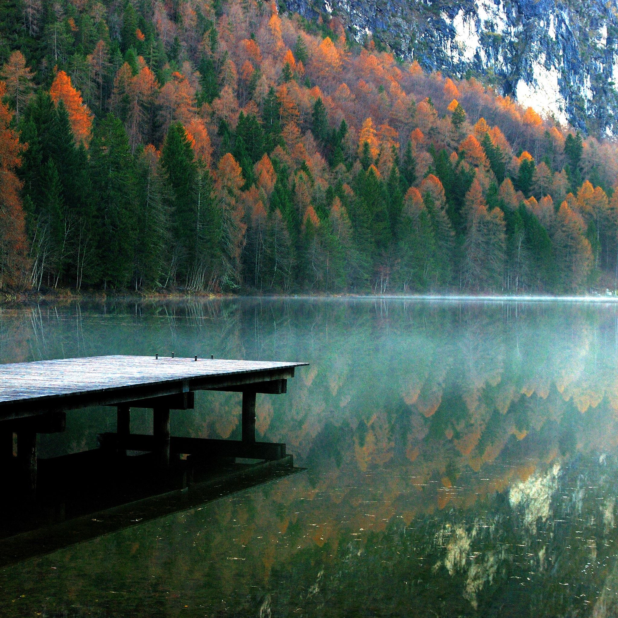 Nature Autumn Mist Lake Dock iPad Air wallpaper 