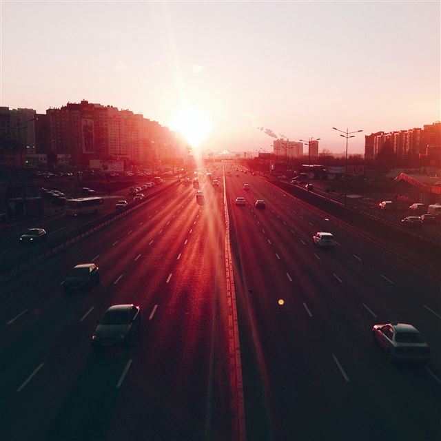 2048x2048 City Sunset Road Car Red Flare - sunlight iPad Air Wallpaper