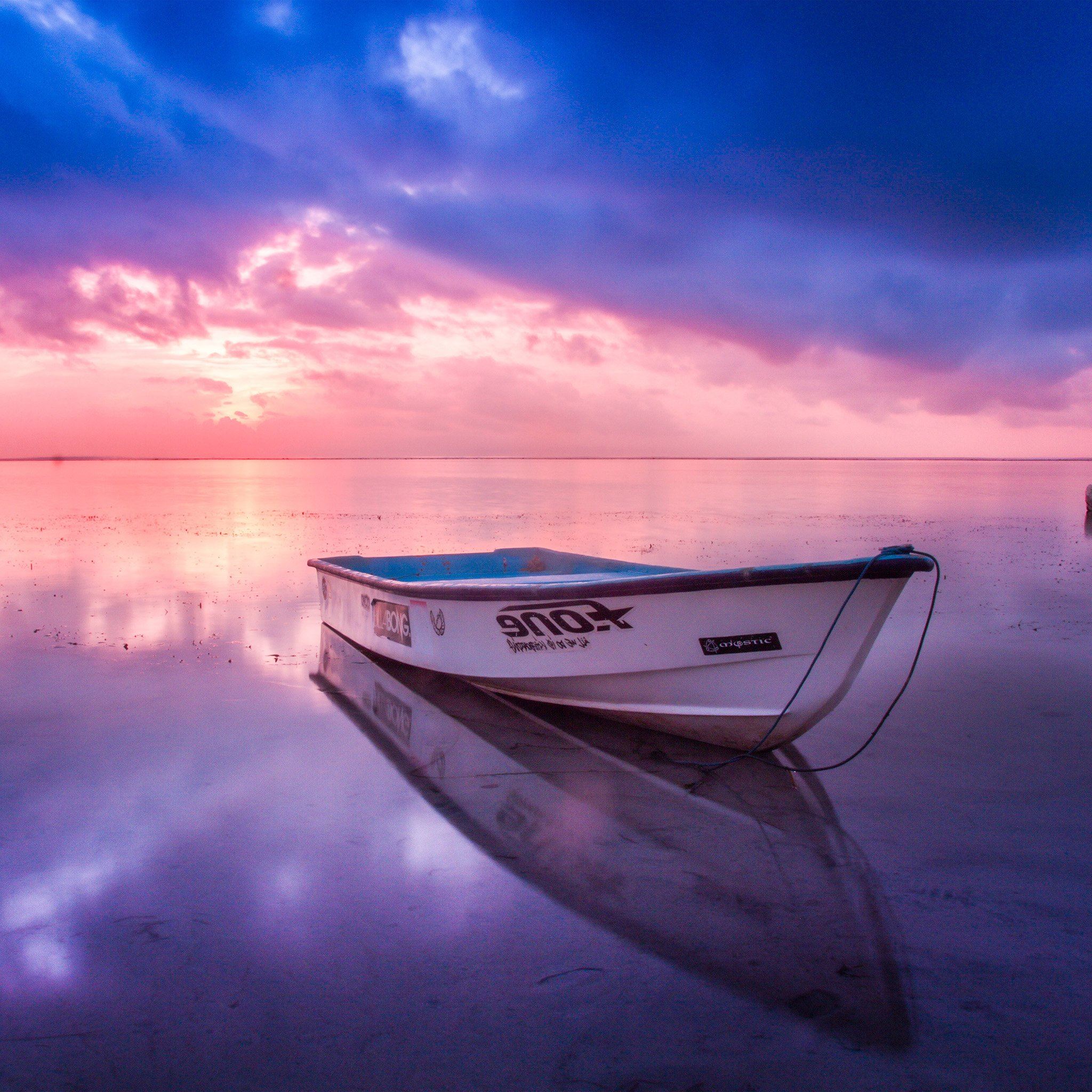 Nature Sea Beach Boat Alone Sunset Blue Pink iPad Air wallpaper 