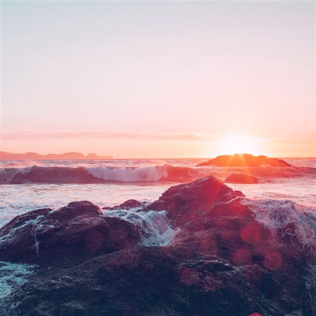 2048x2048 Sea Ocean Nature Sunset Rock Wave Blue Red - splash iPad Air Wallpaper